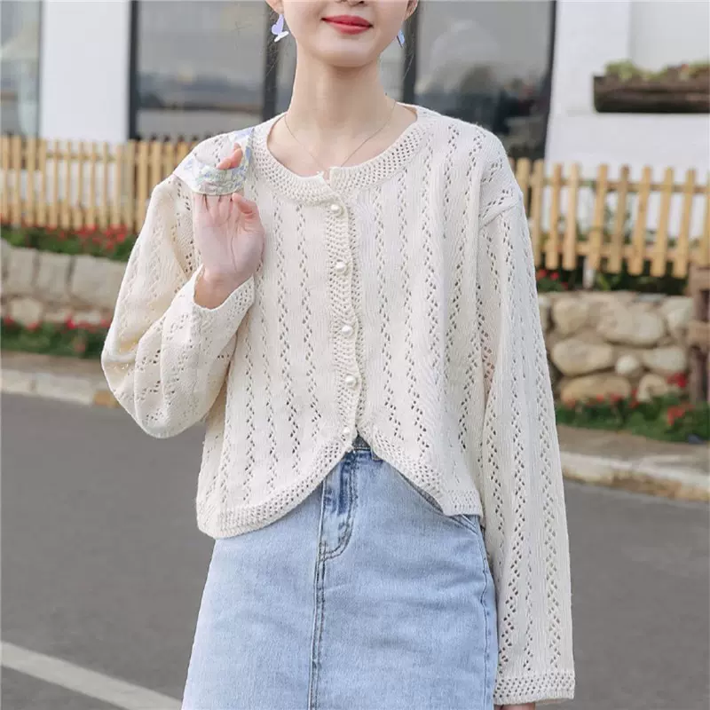 跨境春秋季新款短款针织开衫外套女薄款百搭毛衣温柔衫镂空上衣女