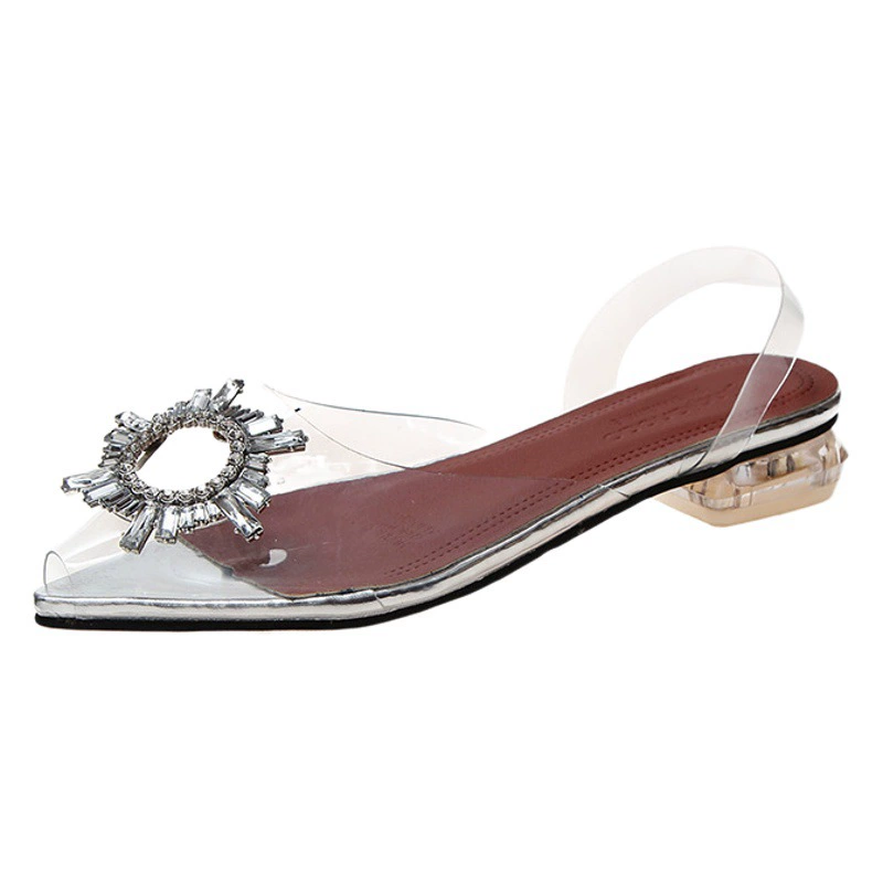 2021 Весна и лето Новые туфли на высоком каблуке с острым носком и подсолнухом Туфли с прозрачными кристаллами Босоножки на массивном каблуке с винными чашками для женщин