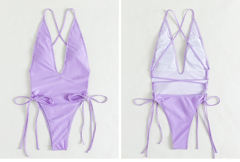 One-piece Swimsuit Deep V Neck Sexy Solid Colour Beach Bikini_voghion.com