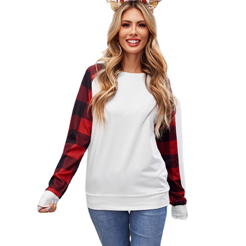 欧美印花圆领上衣女圣帕特里克节日绿色三叶草印花格子长袖卫衣女