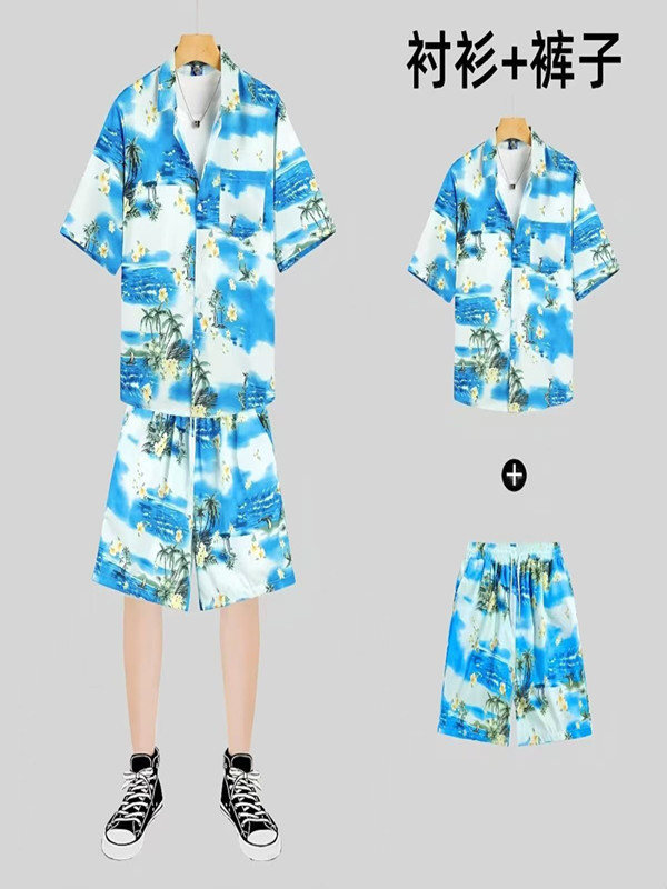 Sanya Travel Hawaii suit Short-sleeved Men's Shirt Seaside Beach Holiday Casual Loose Shorts Men's Fashion