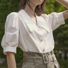 法式复古尖领白色短袖衬衫女夏设计感小众别致上衣宽松泡泡袖衬衣