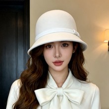 赫本风礼帽女新款加宽帽檐渔夫帽显脸小气质名媛千金帽羊毛渔夫帽