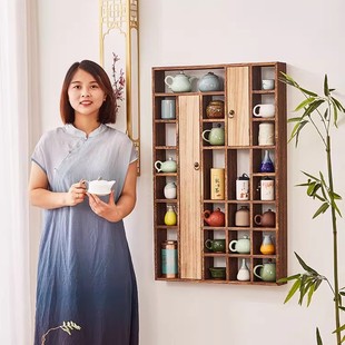Wabi-Sabi Style Solid Wood Chinese Wall-Mounted Display Cabinet Tea Set Cup Teapot Wall-Mounted Cup Holder Storage Rack