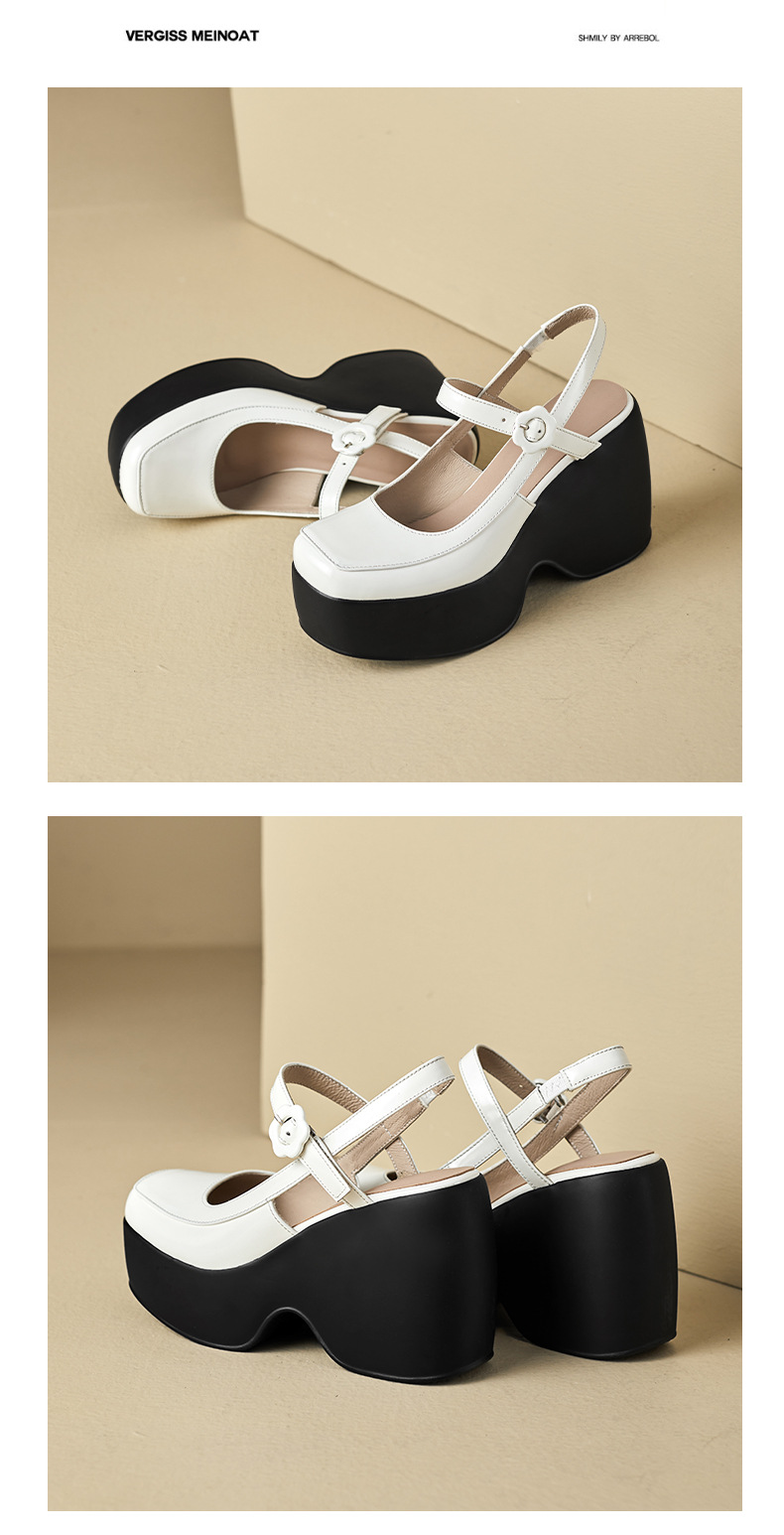 Sandal Mary Jane đế xuồng da thật bít mũi gót cao 9 cm cho nữ — Màu đen, Màu trắng be chi tiết 13