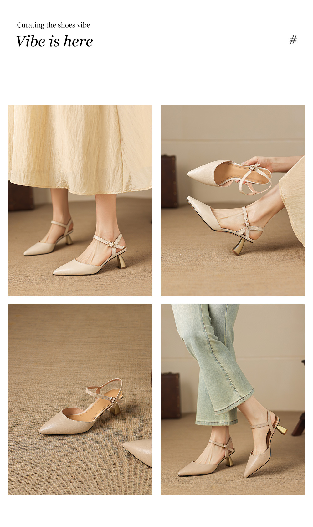 Sandal cao gót nữ mũi nhọn quai ngang da cừu bọc mũi — màu trắng ngà chi tiết 1