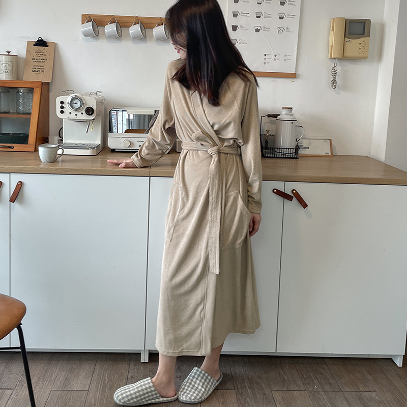 Korean Style Ins Nightgown Women's Strap Design Classic Cotton Towel Cloth Warm Skin-Friendly Cardigan Loose Pajamas Bathrobe