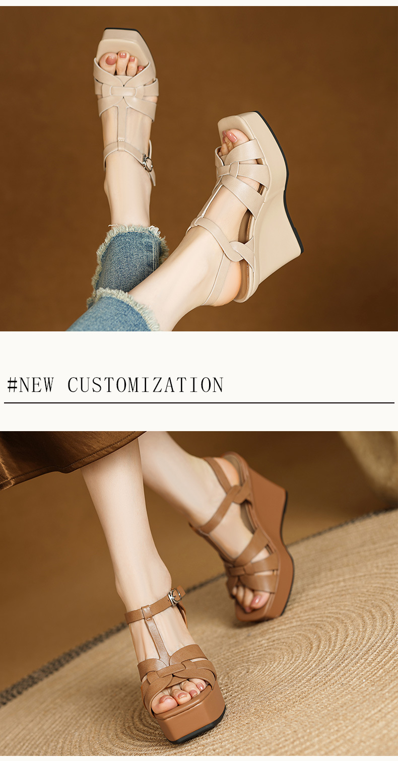Sandal cao gót nữ hở mũi dây chéo da thật đế xuồng phong cách La Mã — Màu nâu nhạt, Màu mơ chi tiết 3