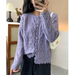 小香风钩花镂空花边圆领针织开衫宽松慵懒风薄秋洋气毛衣外套A707
