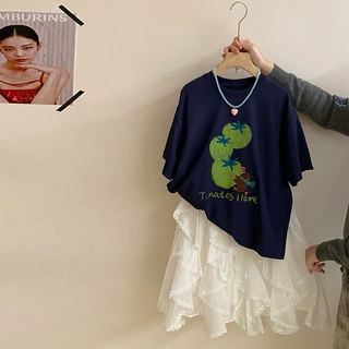 女童韩系卡通印花短袖T恤夏季女孩不规则显瘦蕾丝半身裙两件套潮