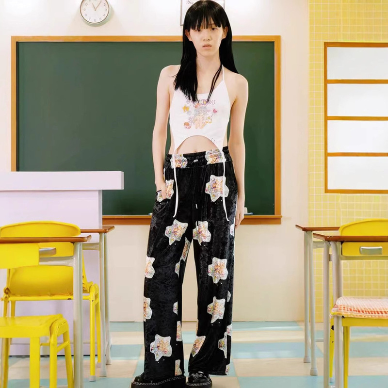 Factory Direct Sale Korean Style 25 New Model Five-Pointed Star Anime Girl Print Velvet Casual Sweatpants Wide-Leg Pants