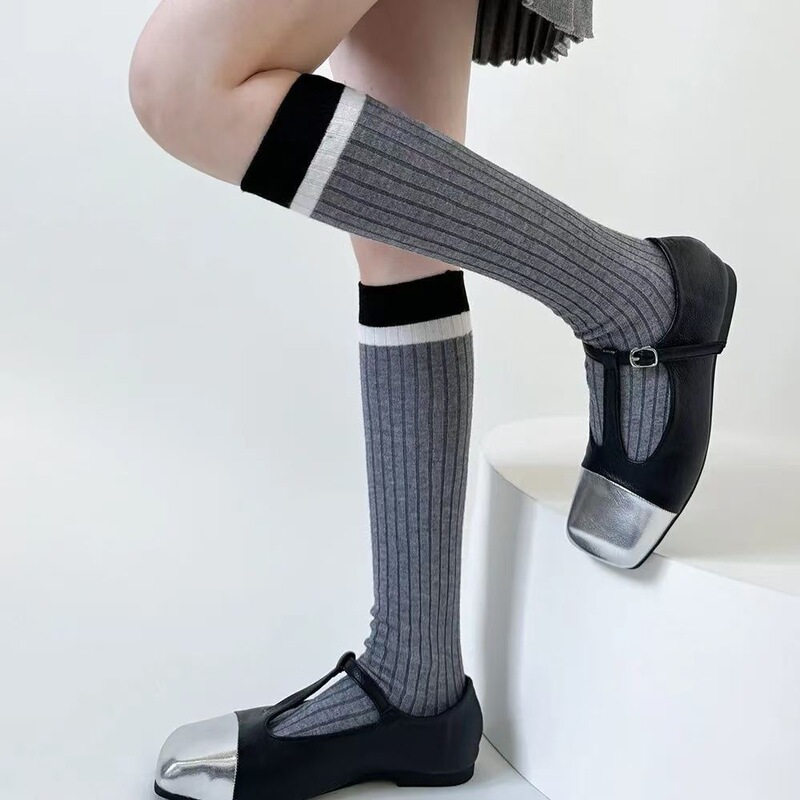 New Spring and Autumn Striped Calf Socks Trendy Half-Knee Socks College Style Color-Blocking Casual Japanese Style Gray Slouch Socks