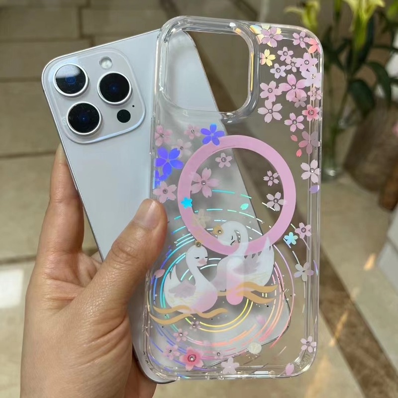 适用iPhone16promax卡通涂鸦樱花手机壳苹果15镶钻极光炫彩磁吸壳|undefined