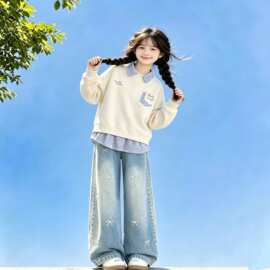 女童秋装学院风两件套新款韩系假两件上衣牛仔裤儿童春秋时尚套装