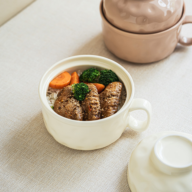 クリームインスタントラーメンボウルミニマリストスタイルセラミックボウル寮生ボウル蓋付きハンドルボウル家庭用大型ボウル卸売|undefined