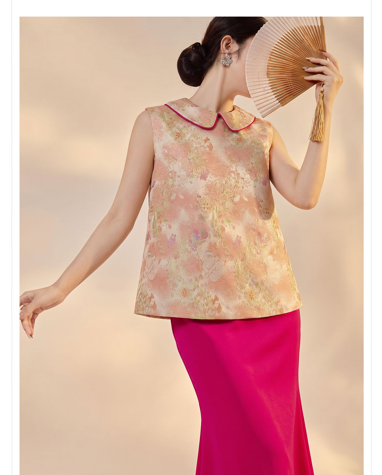 Bộ áo vest gile jacquard + chân váy nữ quốc phong mùa hè 2026 — Áo khoác Carmine, Trang phục [Áo khoác màu hồng+váy đỏ], Màu đỏ nửa váy chi tiết 2