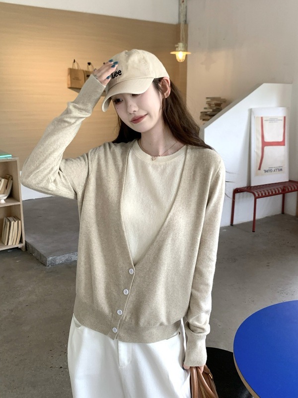 假两件针织衫女秋季新款慵懒风开衫毛衣宽松复古长袖上衣|undefined