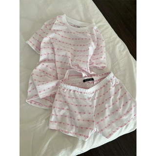 夏日甜美风粉嫩爱心条纹睡衣女夏季新款短袖短裤可外穿家居服套装