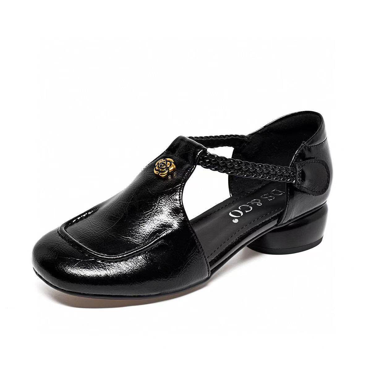 Sandal nữ da thật mũi tròn gót thấp đế mềm quai dán ma thuật — màu đen