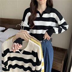 外国貿易polo襟のストライプのセーターの女性の小さい秋の新型のゆったりしている外は長袖のニットの工場を着て直接販売します。