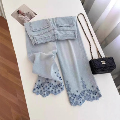 中空デザイン刺繍レース9点ジーンズレディース夏薄手大きいサイズファットmmハイウエストワイドレッグパンツ