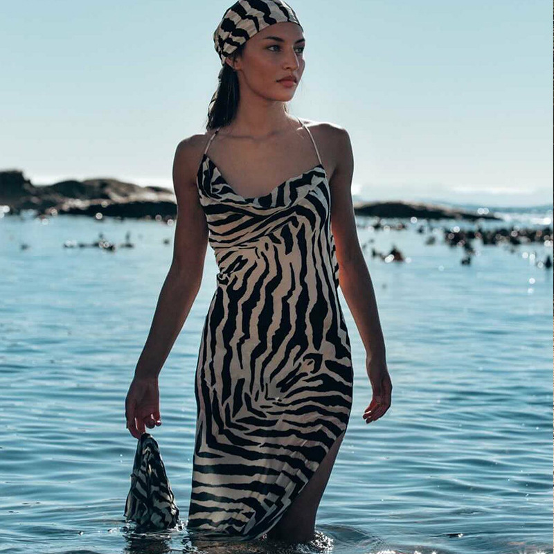 Women's Zebra Print High Slit Dress See-through Tie Waist Sexy Vacation Style Clothing for Fall Fashion 2024_ecoleips.com