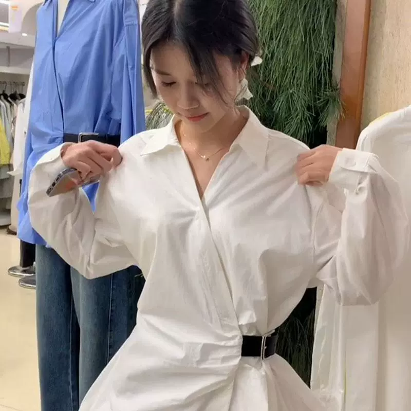 Большие размеры, белая рубашка с воротником-поло, женская весенняя рубашка, дизайнерская верхняя одежда с асимметричной талией, топ с длинными рукавами