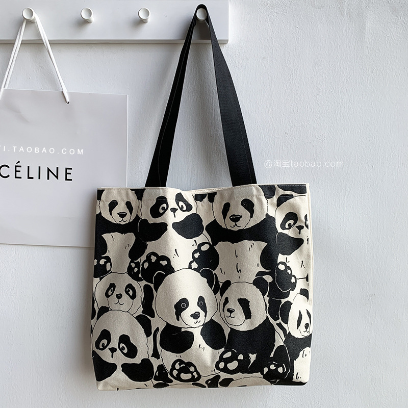 Cute Panda Canvas Bag Women's Shoulder Chinese Style Large Capacity Zipper Canvas Bag Portable Shopping Bag Double Sided Printing