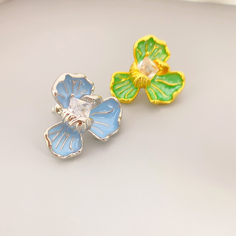 日韓新款時尚小花造型鑲鑽個性琺瑯釉滴油925銀針百搭高級感耳釘