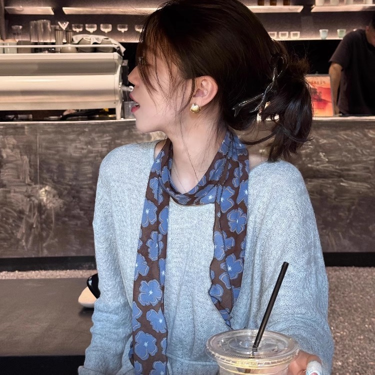 韩系蓝色花朵长条丝巾女夏季高级感系脖领巾薄款气质时髦发带配饰|undefined