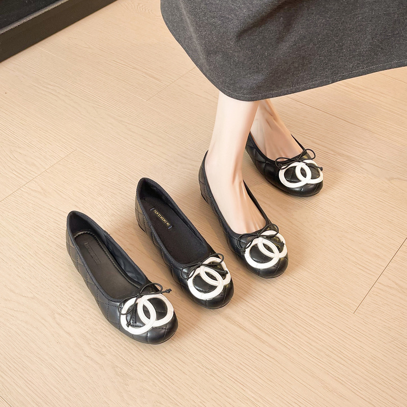 512-1 2025 Tweed Style Bow Ballet Shoes Flats Flats Quilted Mary Jane Inner Height Increasing Women's Shoes
