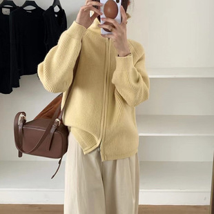Korean Fashion Egg Double Zipper Lapel Sweater Jacket 2024 New Easy to Wear Autumn and Winter Thick Knitted Cardigan