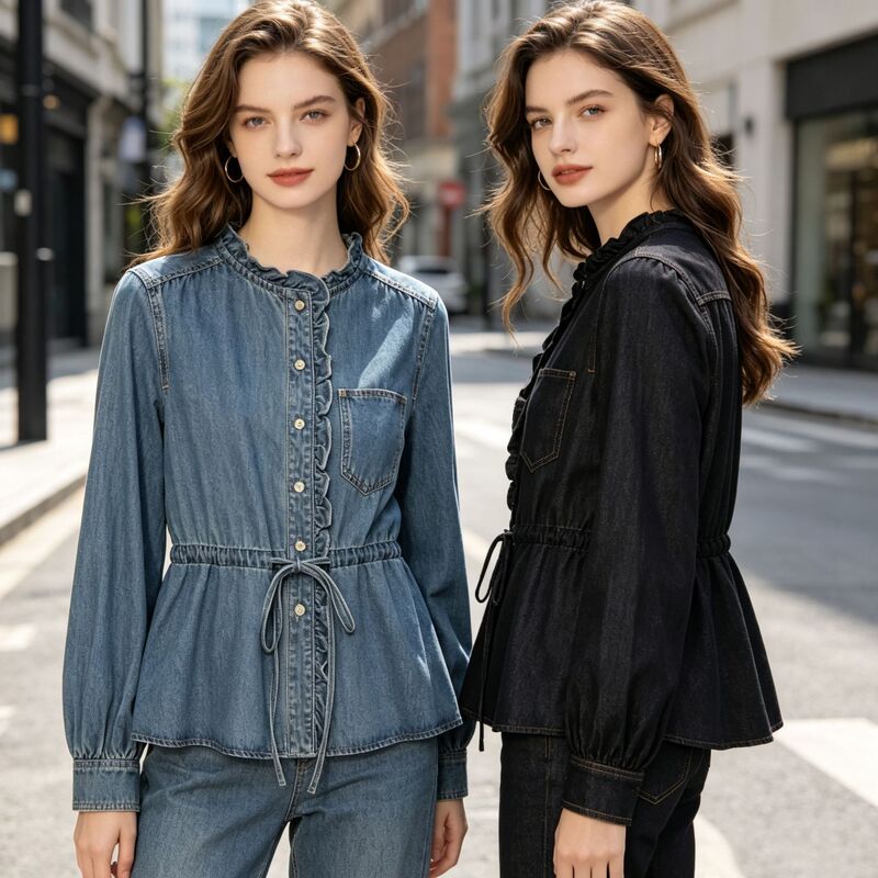 Ruffled Stand Collar Drawstring Waist Denim Shirt for Women, Long Sleeve Pocket Tie Slimming Denim Top in Stock