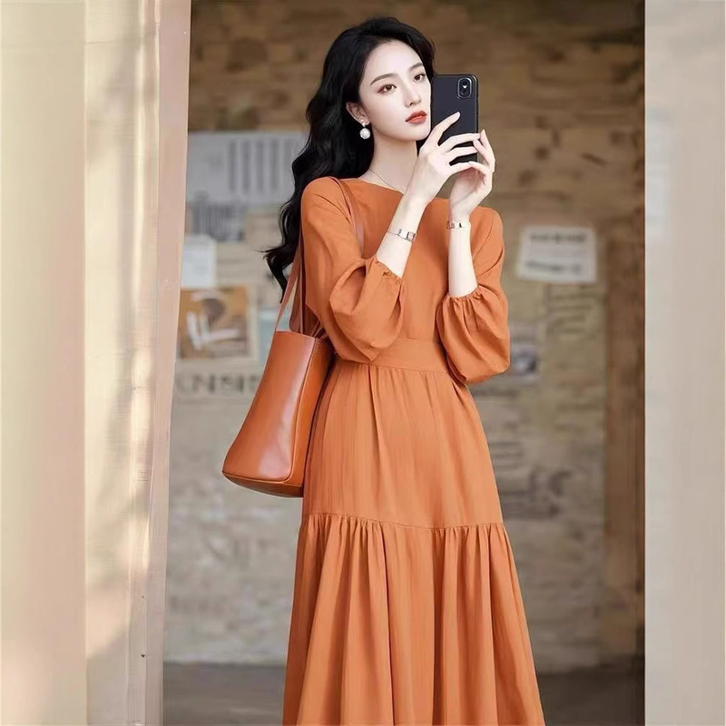 French Temperament Ladies and Goddess Style Long Dress Light Luxury High-grade Warm and Soft Style Elegant and decent Orange dress Spring