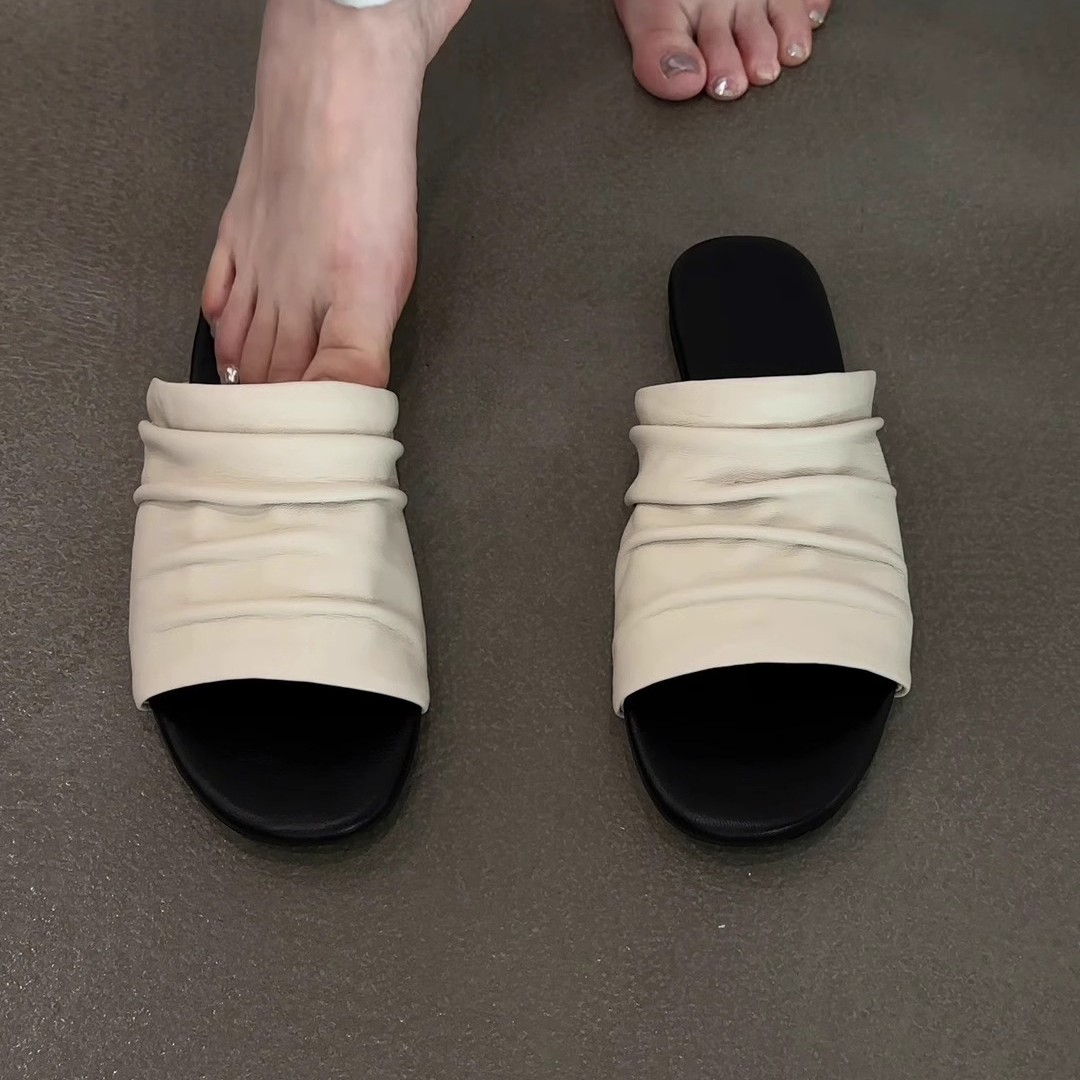 Summer universal women's slippers made of sheepskin leather flat for…