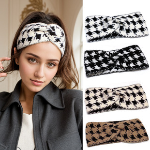 Cross-Border Knitted Houndstooth Sports Headband Wide Version Elastic Headband Fashion Yoga Headband Cycling Headband
