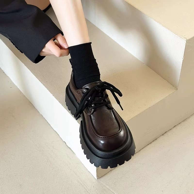 牛皮版~厚底真皮小皮鞋女英伦风复古增高松糕鞋粗跟乐福单鞋女鞋|undefined