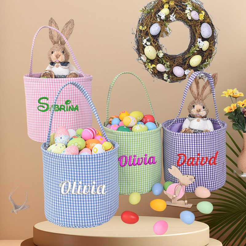etsy personalized embroidery name easter basket seersucker plaid easter tote basket bunny storage basket