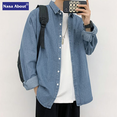 NASAブルーデニム長袖シャツメンズ春秋新作香港風痞帥デザイン感シャツメンズカジュアル