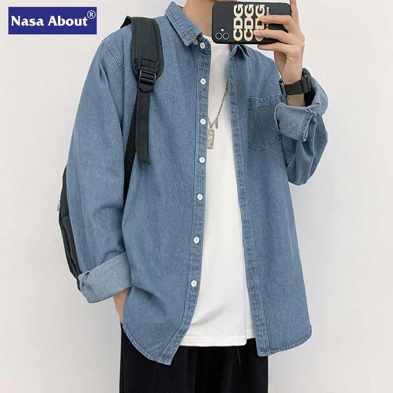 NASA Blue Denim Long Sleeve Shirt Men's Spring and Autumn New Arrival Hong Kong Style Shirt with Handsome Design Sense Casual Shirt for Boys NASA Blue Denim Long Sleeve Shirt Men's Spring and Autumn New Arrival Hong Kong Style Shirt with Handsome Design Sense Casual Shirt for Boys
