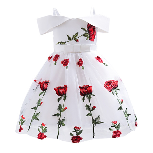 Cross-border little girl dress 2024 Western and European children's dress little girl off-shoulder princess dress children's rose embroidered net dress