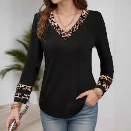 2025亚马逊跨境外贸欧美新款优雅撞色印花v领长袖上衣夏季t恤女装