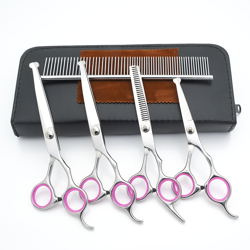Tijeras de cuidado de mascotas al por mayor de fábrica, tijeras planas de corte de pelo de perro, tijeras de dientes finas, tijeras de colores, herramientas de corte de pelo de gato