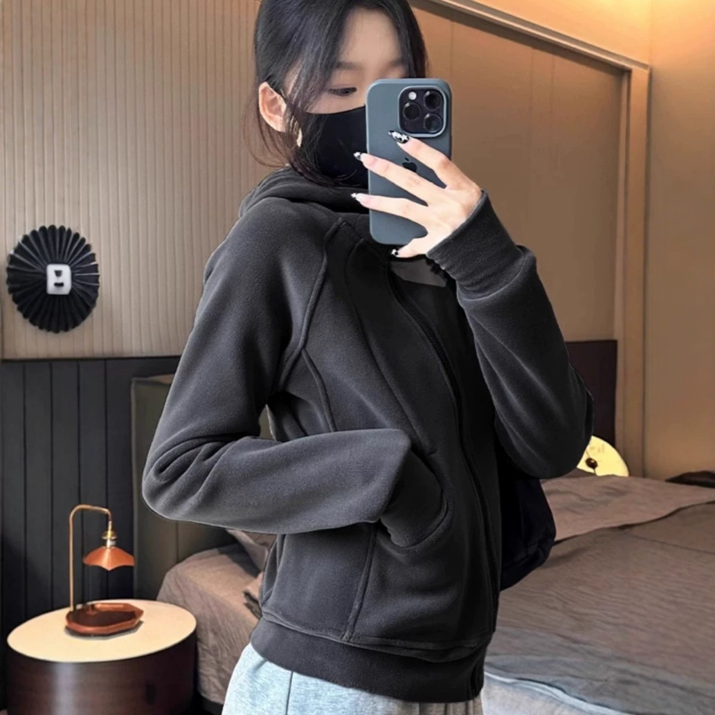 2026新款休闲连帽拉链外套女秋冬季大码长袖深灰色加绒卫衣休闲女