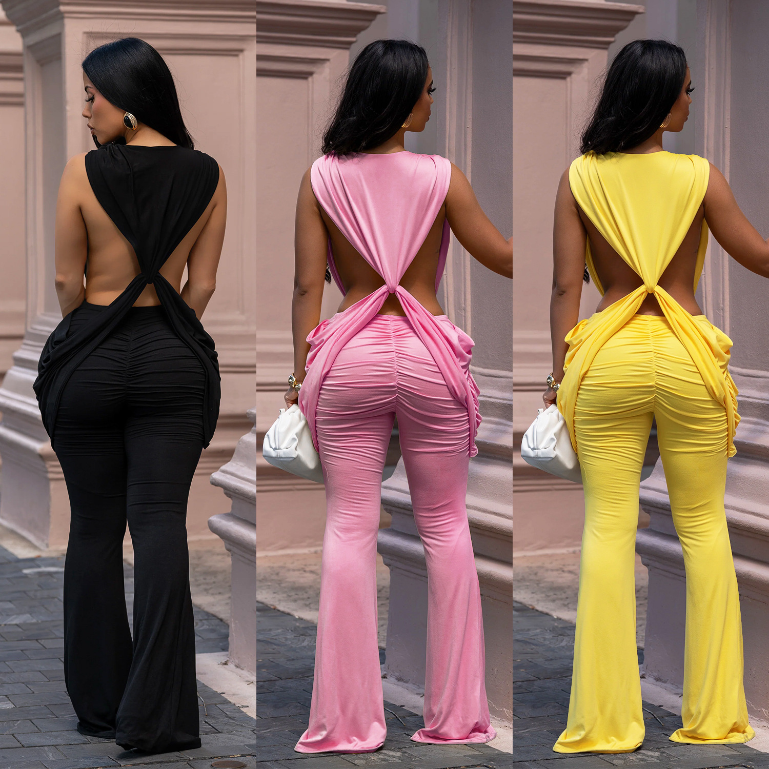 C7722 Aliexpress transfronterizo Amazon Europa y América moda femenina sexy de espalda descubierta de color sólido bolsas de caderas delgadas image 3