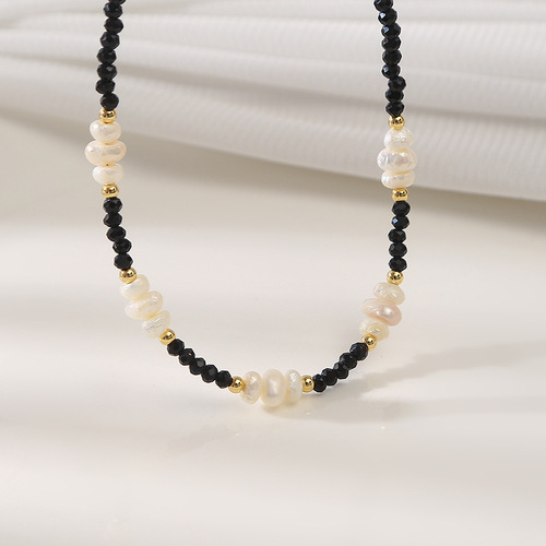 Unusual Baroque Freshwater Pearl Black Tourmaline Necklace Niche Personality Internet Famous Retro Black Crystal Choker for Women 