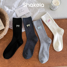 春秋款女士中筒袜纯色蝴蝶结刺绣双针中筒袜ins芭蕾风堆堆袜女袜