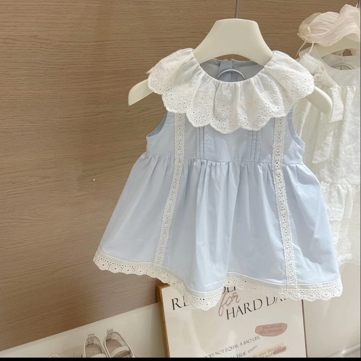 Verano nuevo estilo vestido de niña vestido de muñeca con cuello de encaje azul vestido de bebé estilo occidental vestido de princesa