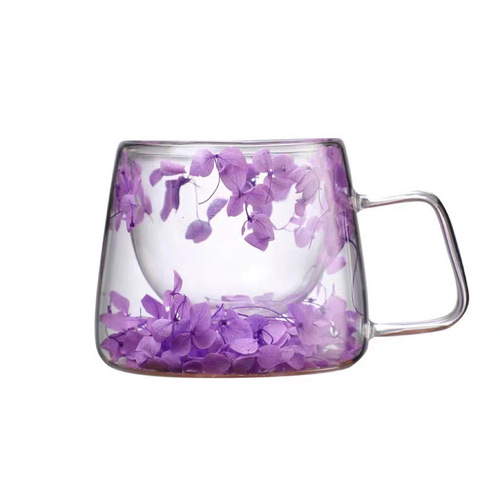 Dry Flower Double-Layer Petal Glass Cup Flow Sand Cup Creative High-Temperature Resistant Transparent Real Flower Borosilicate Coffee Cup