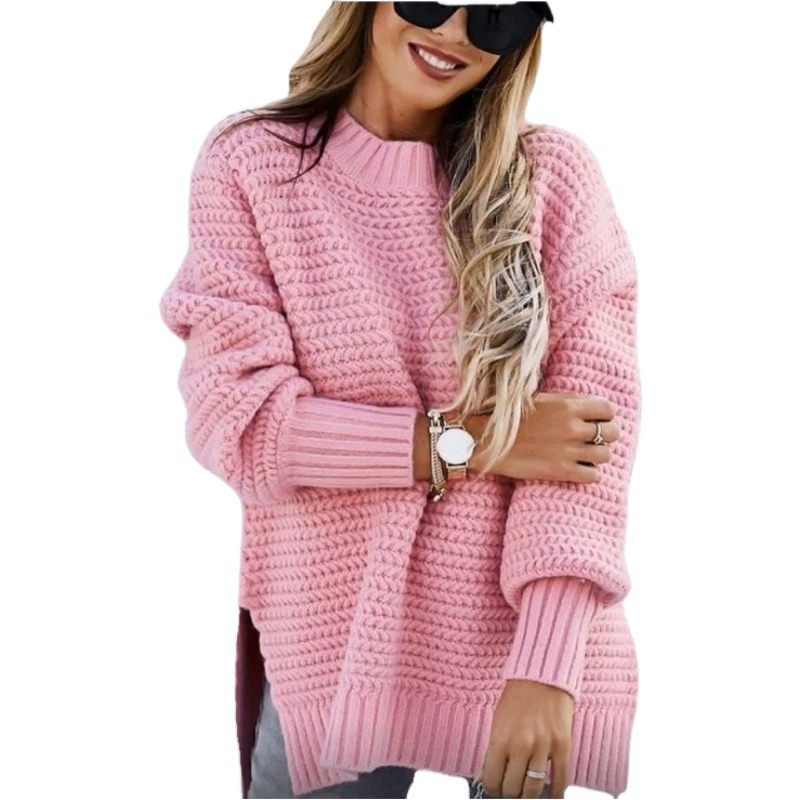 2025 осень-зима новый трансграничный амазонка с полувысоким воротником свободный сплошной цвет длинный рукав толстые иглы с раскаленной стороны вилки вязаный свитер женский